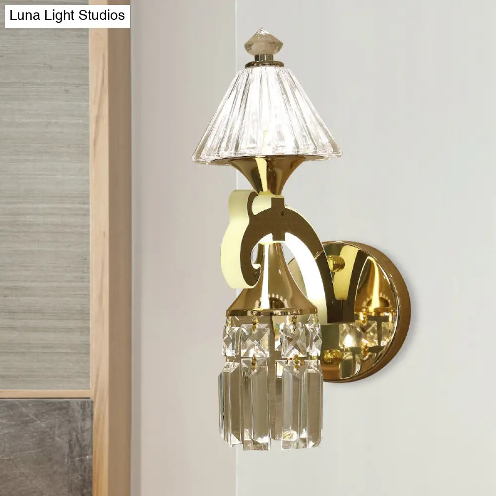Postmodern Crystal Wall Sconce With Gold Mount And Dangling Rods - Half Bulb Lighting