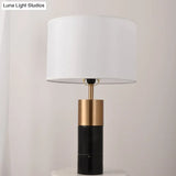 Postmodern Drum Bedside Table Lamp With Marble Pedestal - Black/White/Grey Fabric Design