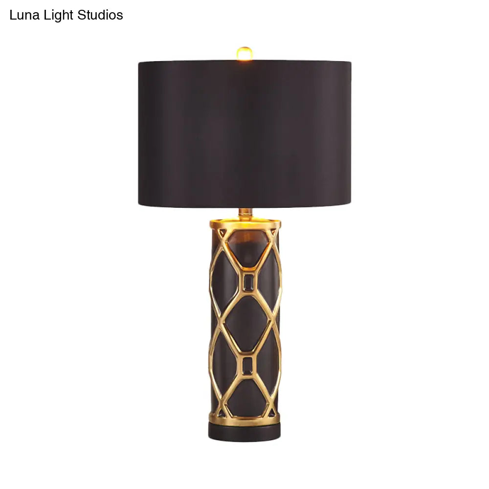 Postmodern Fabric Cylinder Nightstand Lamp- 13/15 Height 1 Light White/Black Metal- Perfect For
