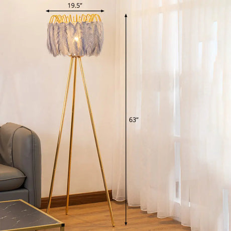 Postmodern Feather Fringe Floor Lamp With Tripod Stand - Ideal Lighting For Living Room Grey