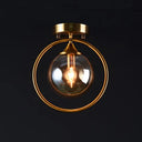 Postmodern Glass Ball Ceiling Light With Brass Metal Ring - 1-Light Semi-Flush Mount For Corridors