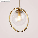 Postmodern Glass Pendant Light With Brass Ring For Bedroom - Single-Bulb Globe Down Lighting In
