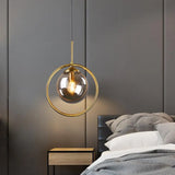 Postmodern Glass Pendant Light With Brass Ring For Bedroom - Single-Bulb Globe Down Lighting In