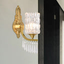 Postmodern Gold Column Wall Lamp With Clear Crystal Shade - Elegant Single Bulb Lighting Fixture