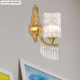 Postmodern Gold Column Wall Lamp With Clear Crystal Shade - Elegant Single Bulb Lighting Fixture