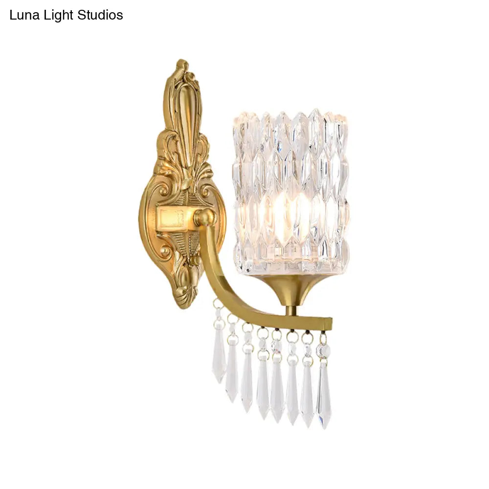 Postmodern Gold Column Wall Lamp With Clear Crystal Shade - Elegant Single Bulb Lighting Fixture