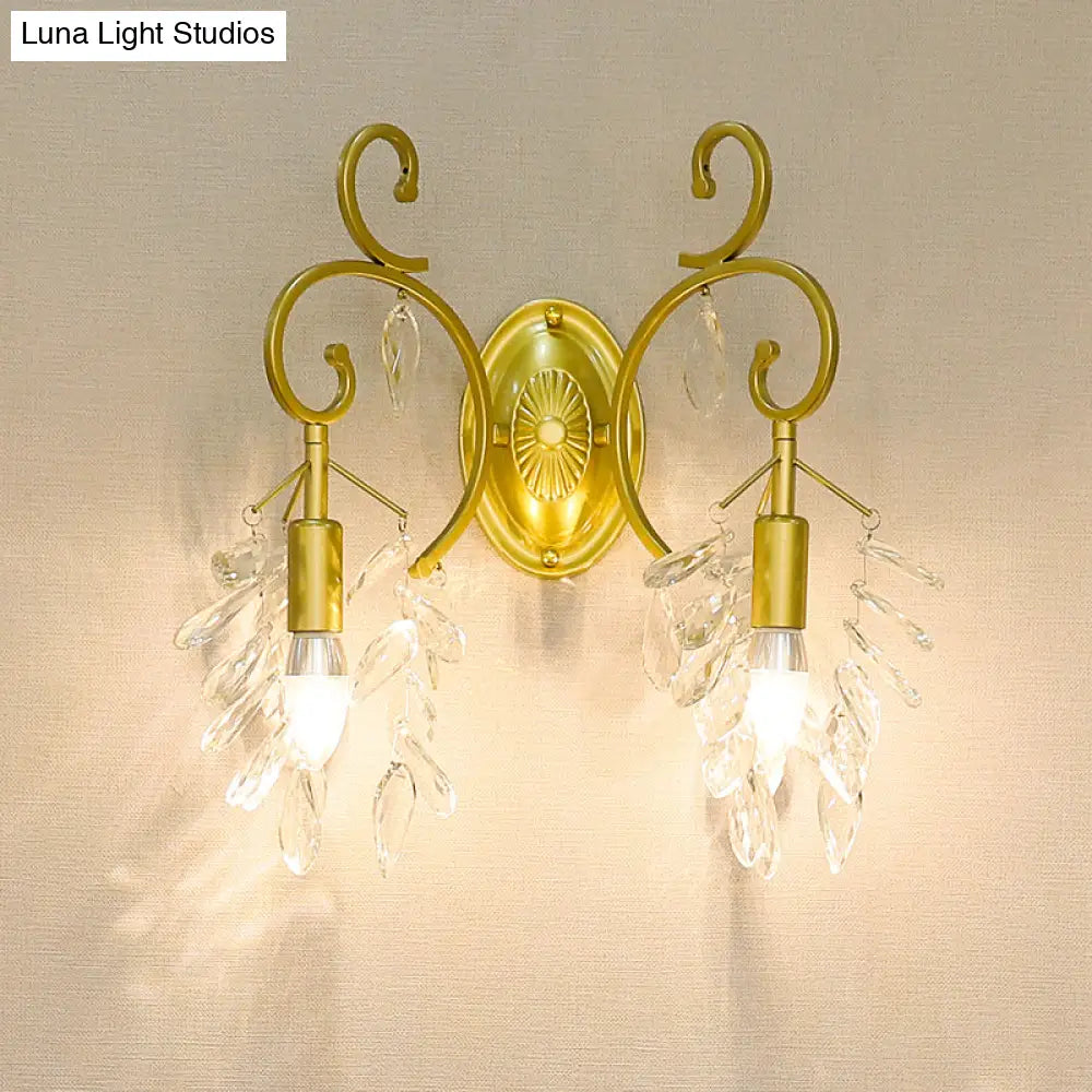 Postmodern Gold Curve Arm Sconce Light Fixture With Crystal Drip - 2 Wall-Mount