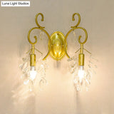 Postmodern Gold Curve Arm Sconce Light Fixture With Crystal Drip - 2 Wall-Mount