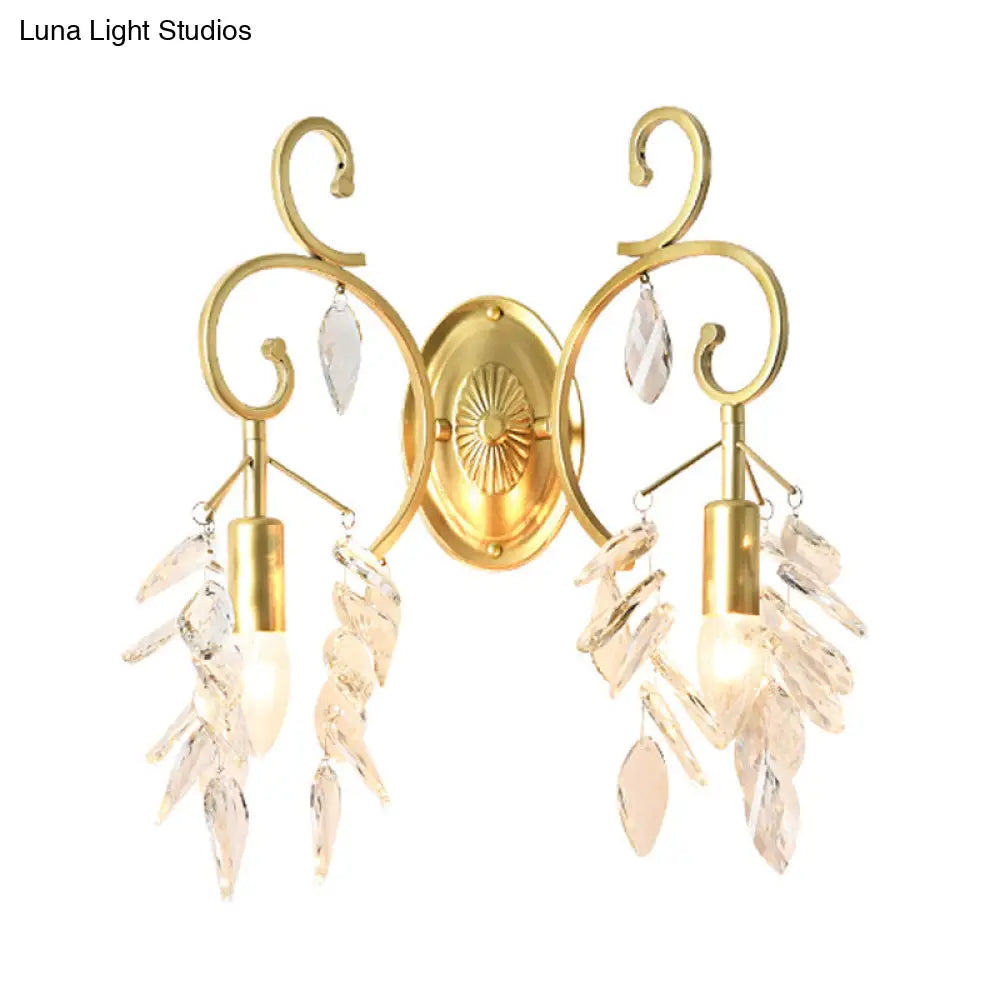 Postmodern Gold Curve Arm Sconce Light Fixture With Crystal Drip - 2 Wall-Mount