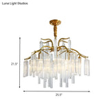 Postmodern Gold Curved Arm Chandelier With 7 Crystal Rod Heads - Tri-Sided Hanging Light Fixture