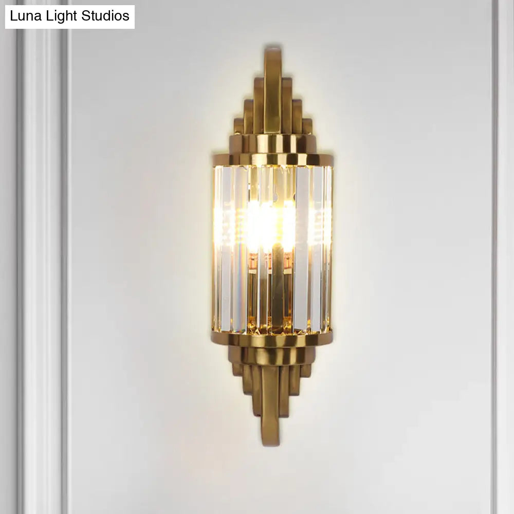 Postmodern Gold Finish Cylinder Wall Sconce With Crystal Prisms - Ideal For Living Room
