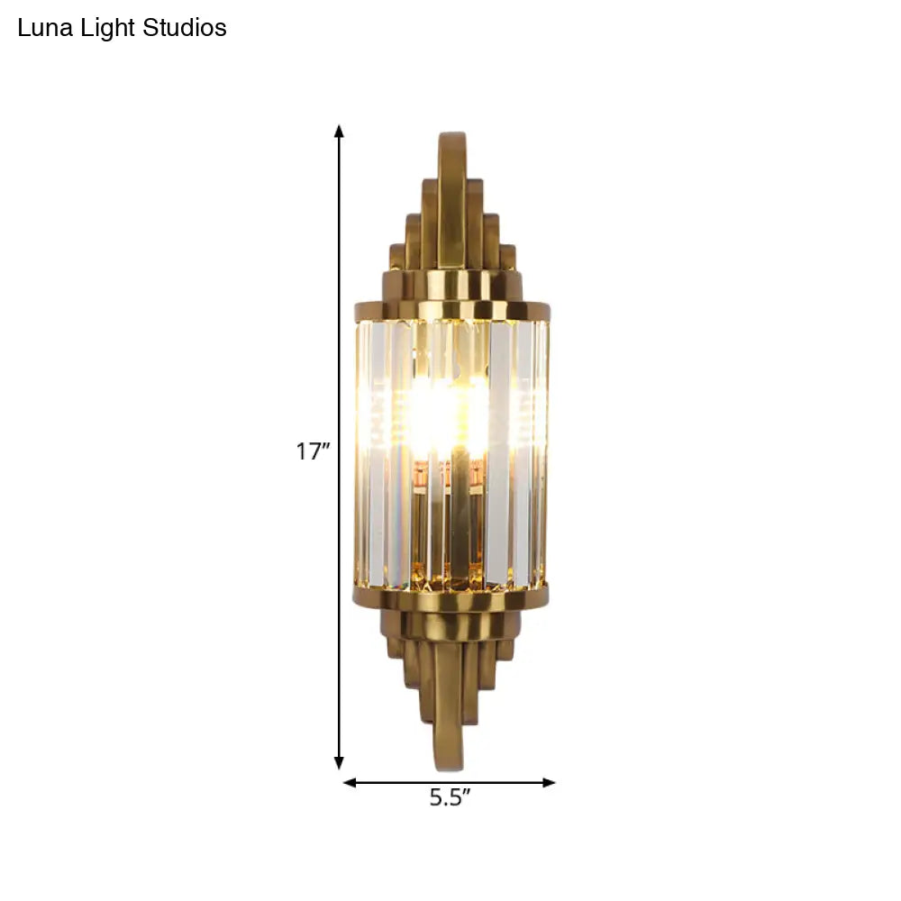 Postmodern Gold Finish Cylinder Wall Sconce With Crystal Prisms - Ideal For Living Room