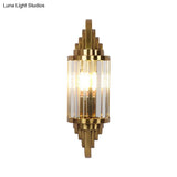 Postmodern Gold Finish Cylinder Wall Sconce With Crystal Prisms - Ideal For Living Room