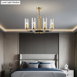 Postmodern Gold Finish Glass Flute Chandelier Ceiling Light For Dining Room