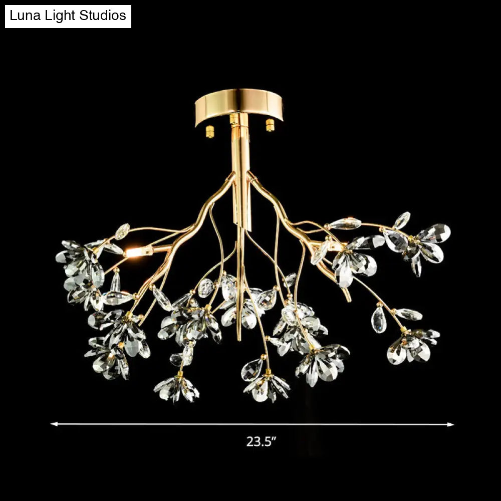 Postmodern Gold Leaf Crystal Semi Flush Mount Ceiling Lamp With 3 Branch - Style Heads