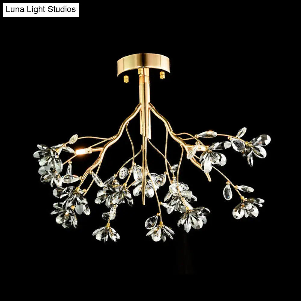 Postmodern Gold Leaf Crystal Semi Flush Mount Ceiling Lamp With 3 Branch - Style Heads