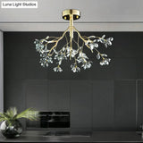 Postmodern Gold Leaf Crystal Semi Flush Mount Ceiling Lamp With 3 Branch - Style Heads