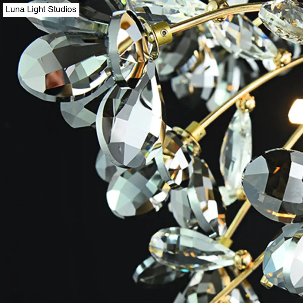 Postmodern Gold Leaf Crystal Semi Flush Mount Ceiling Lamp With 3 Branch - Style Heads