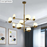 Postmodern Gold Sputnik Chandelier - Metallic 6/8/10-Head Hanging Lamp With Round White Glass Shade