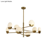Postmodern Gold Sputnik Chandelier - Metallic 6/8/10-Head Hanging Lamp With Round White Glass Shade