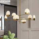 Postmodern Gold Sputnik Chandelier - Metallic 6/8/10-Head Hanging Lamp With Round White Glass Shade
