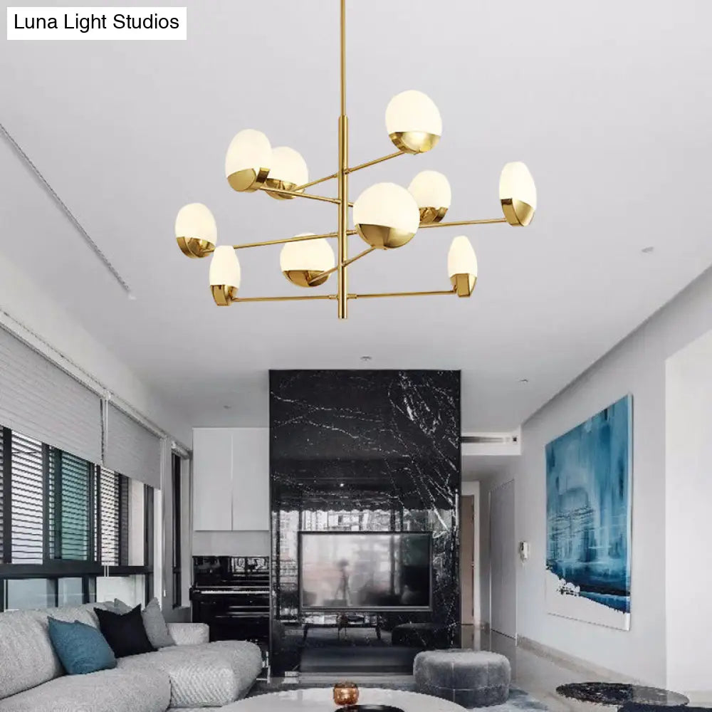 Postmodern Gold Sputnik Chandelier - Metallic 6/8/10-Head Hanging Lamp With Round White Glass Shade