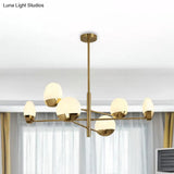 Postmodern Gold Sputnik Chandelier - Metallic 6/8/10-Head Hanging Lamp With Round White Glass Shade