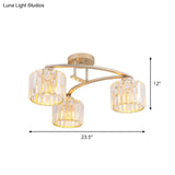 Postmodern Gold V Arm Ceiling Mount Chandelier: Crystal Shade 3 Bulbs Semi Flush Light For
