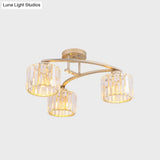 Postmodern Gold V Arm Ceiling Mount Chandelier: Crystal Shade 3 Bulbs Semi Flush Light For