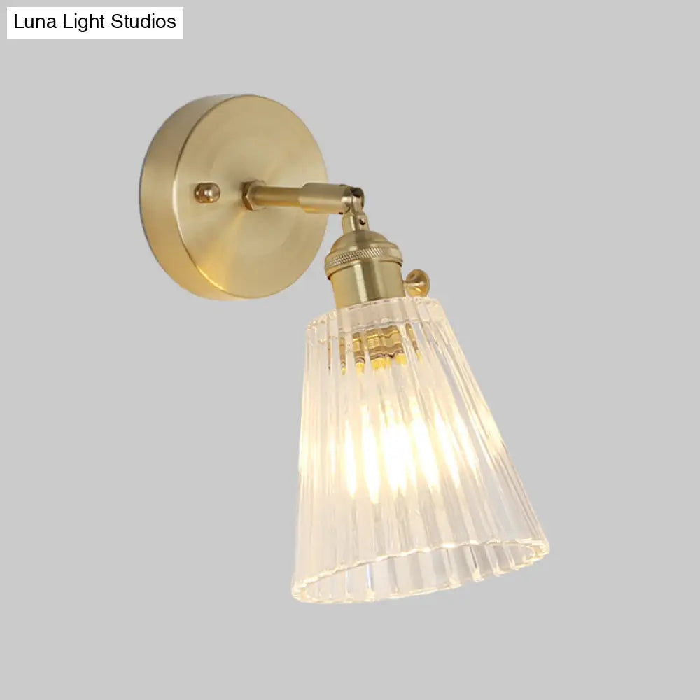 Postmodern Gold Wall Light With Clear Ribbed Glass - Conical Design Rotating Feature 1 Kit