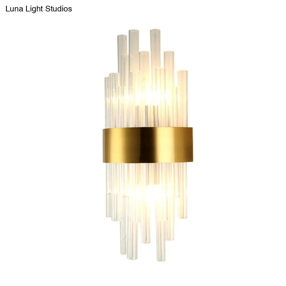 Postmodern Gold Wall Sconce With Fluted Crystal Shade - 2 Head Bedroom Mount Light