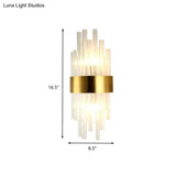 Postmodern Gold Wall Sconce With Fluted Crystal Shade - 2 Head Bedroom Mount Light