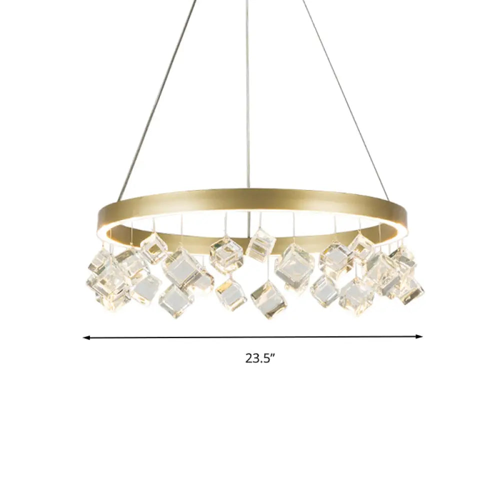 Postmodern Metal Gold Pendant Light With Led Warm/White & Crystal Drop