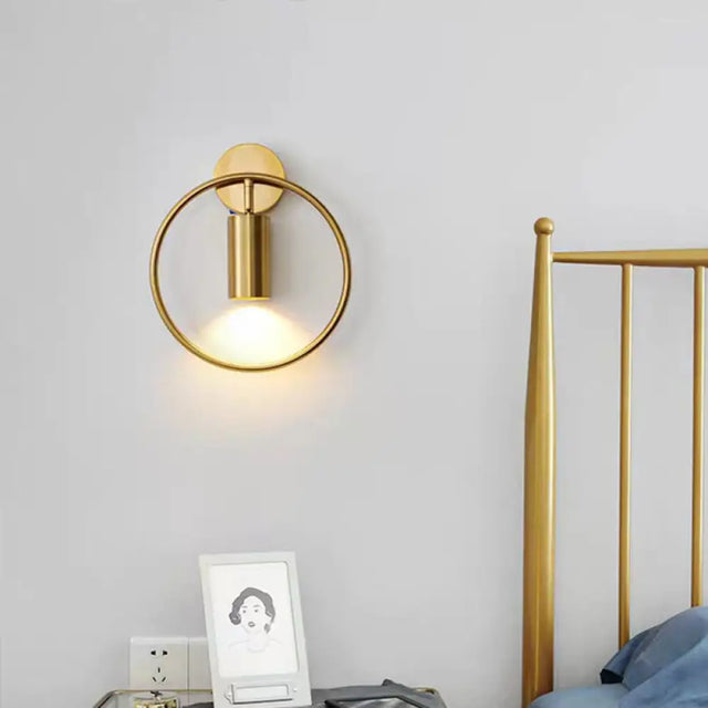 Postmodern Metallic Wall Mount Sconce Light With Halo Ring - 1 Head Bedside Solution Brass