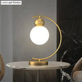 Postmodern Milk Glass 1-Light Gold Nightstand Lamp With C Arm And Gourd Shape