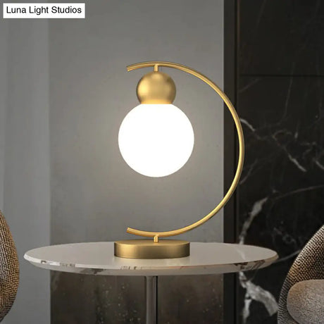 Postmodern Milk Glass 1-Light Gold Nightstand Lamp With C Arm And Gourd Shape