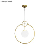 Postmodern Milk Glass Ball Pendant Light Fixture Gold Circles - 1-Light Dining Room Ceiling Lamp