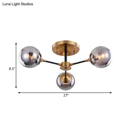 Modern Smoke Glass Semi Flush Mount Chandelier - Brass Black 3/6 Heads