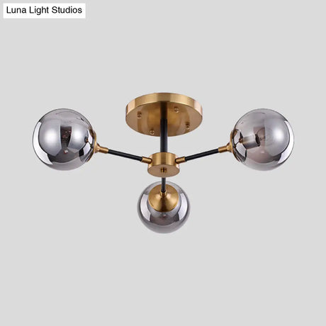 Postmodern Radial Smoke Glass Semi Flush Ceiling Chandelier - Brass & Black 3/6 Heads