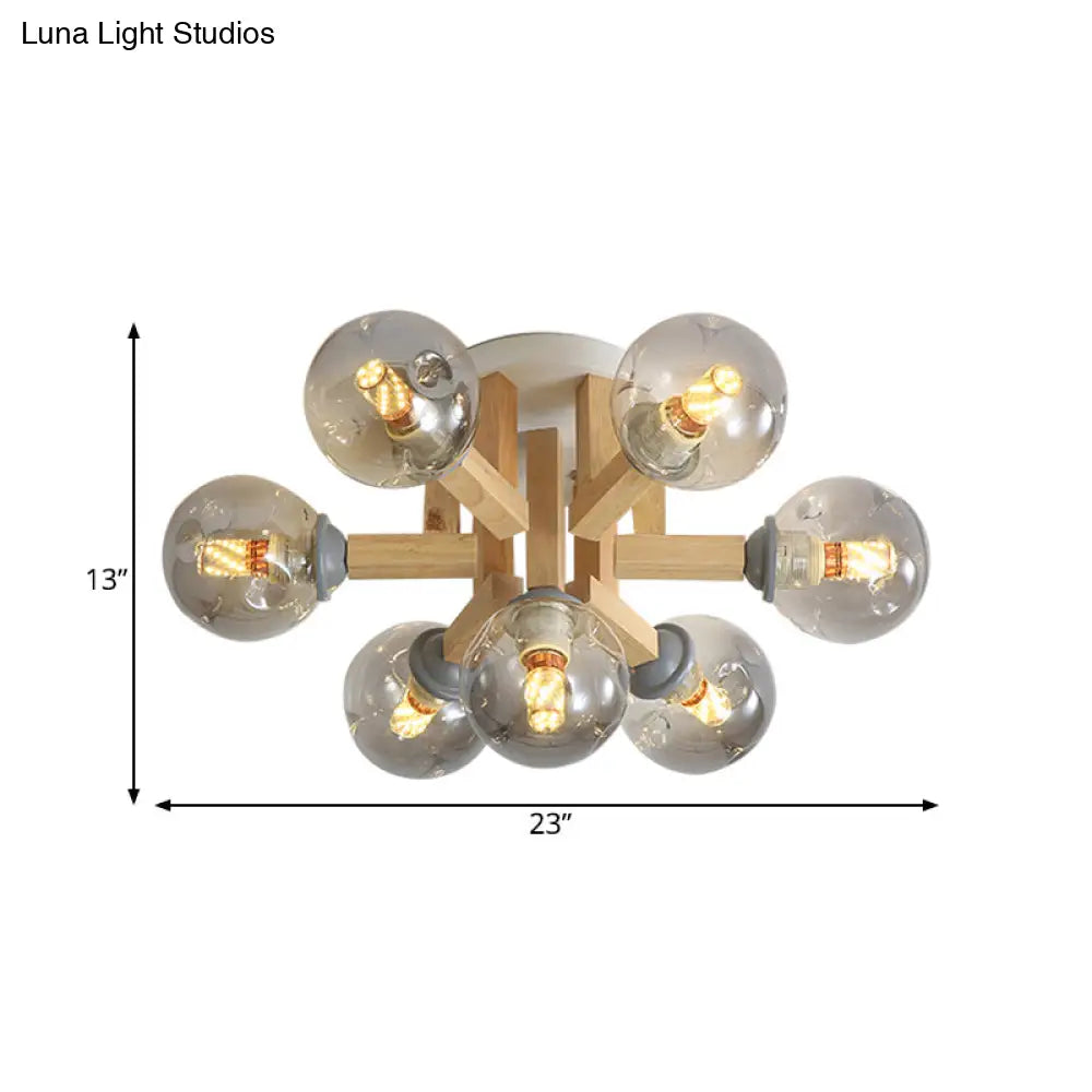 Postmodern Starburst Semi Mount 7-Light Bedroom Flush Ceiling Light With Smoke Grey Glass Shade