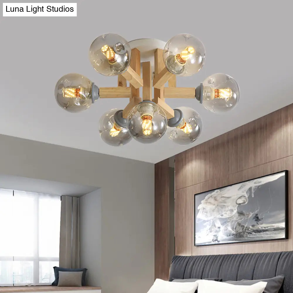 Postmodern Starburst Semi Mount 7-Light Bedroom Flush Ceiling Light With Smoke Grey Glass Shade