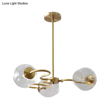 Postmodern Transparent Glass 3 - Light Flush Mount Chandelier For Bedroom In Brass