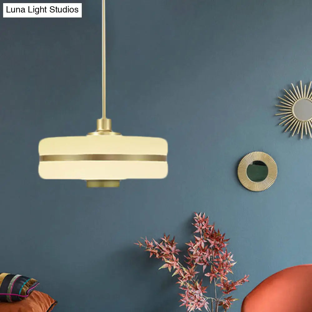 Postmodern White Glass Drum Pendant Light Fixture - 1 Bedroom Ceiling Hanging