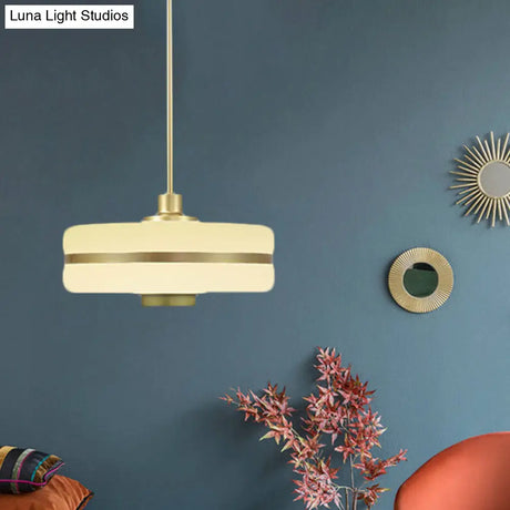 Postmodern White Glass Drum Pendant Light Fixture - 1 Bedroom Ceiling Hanging