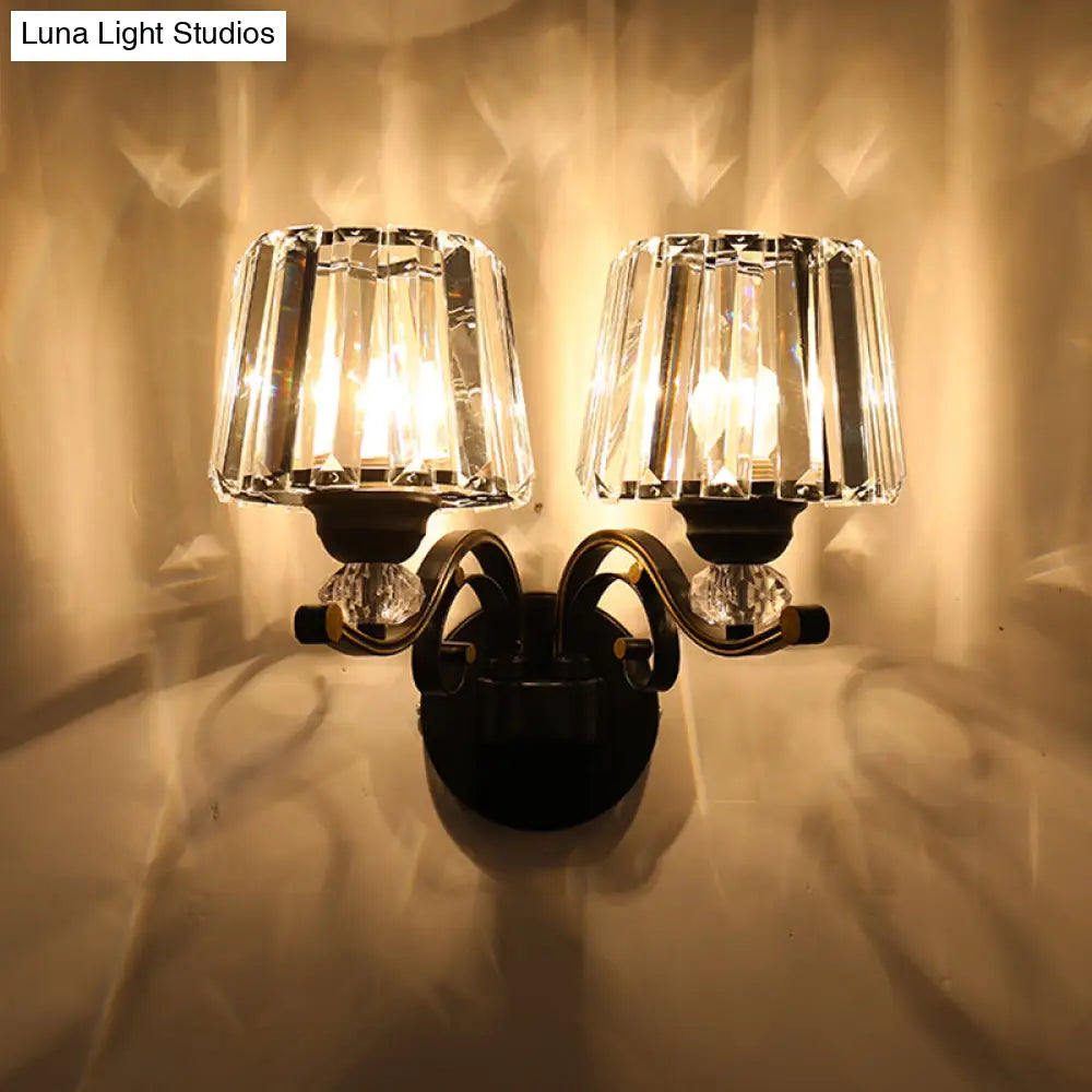 Prismatic Crystal Cone Wall Lamp: 1/2-Bulb Traditional Light For Living Room In Black