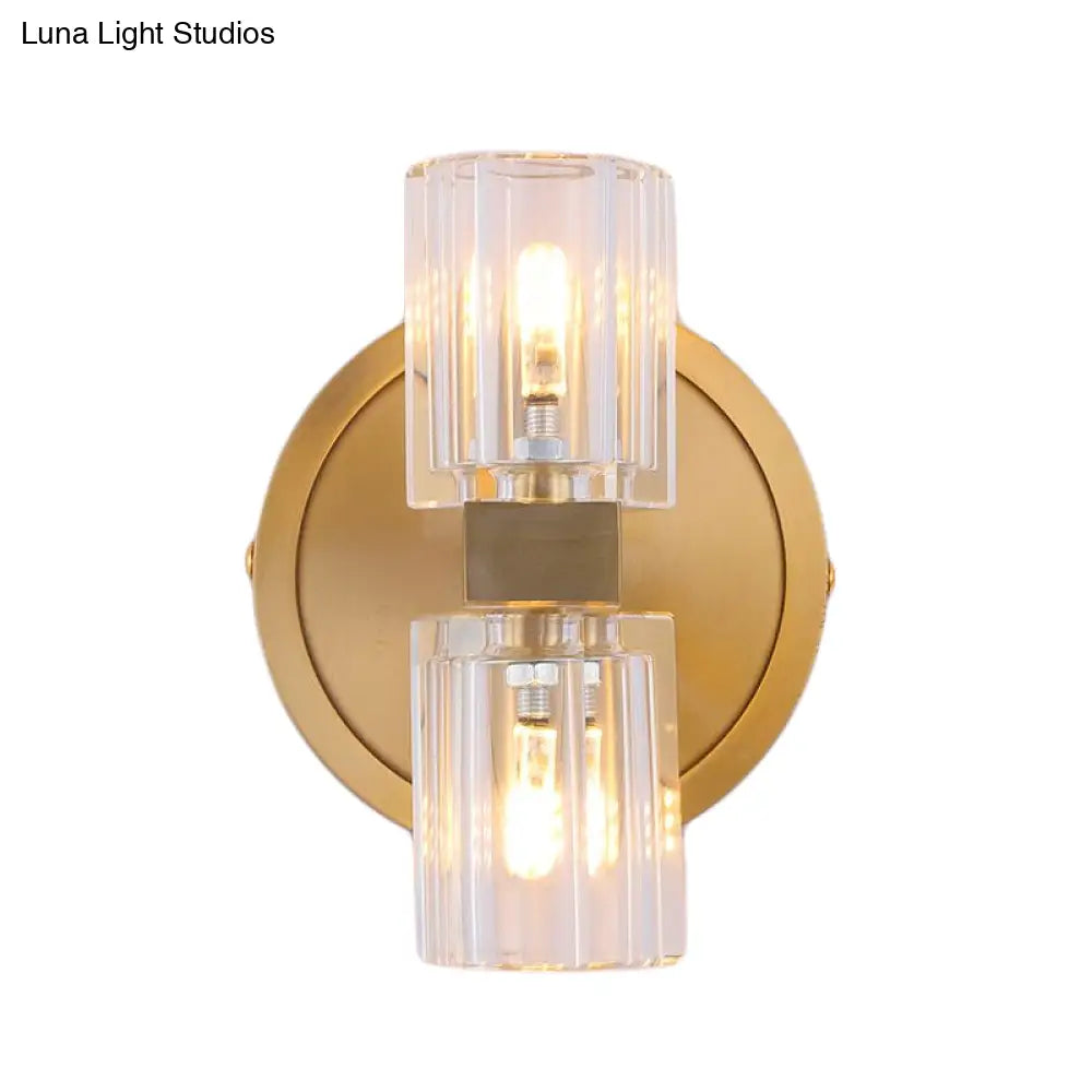 Prismatic Crystal Cylinder Wall Sconce Light - Postmodern 2 Lights Brass Up And Down Mount