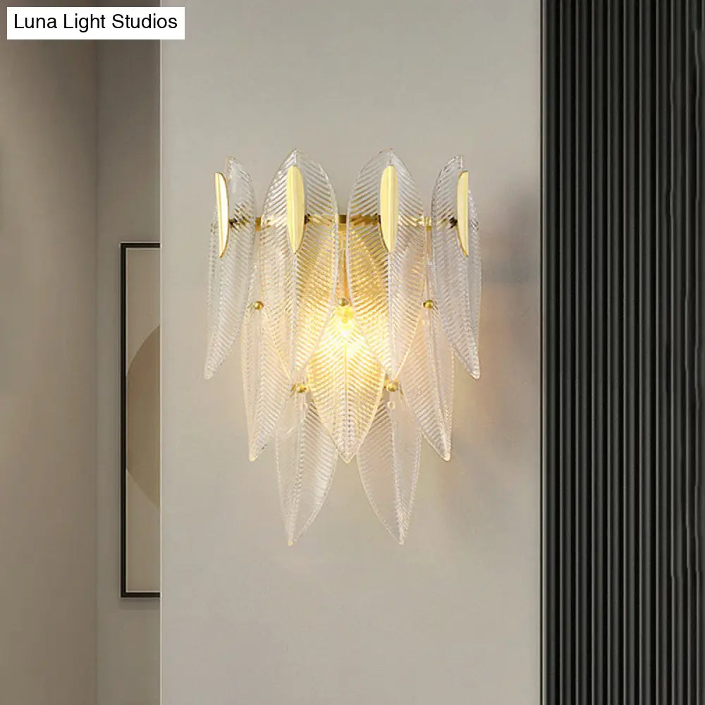 Prismatic Crystal Leaf Wall Sconce - Minimalist Gold Light Fixture (2 Lights)
