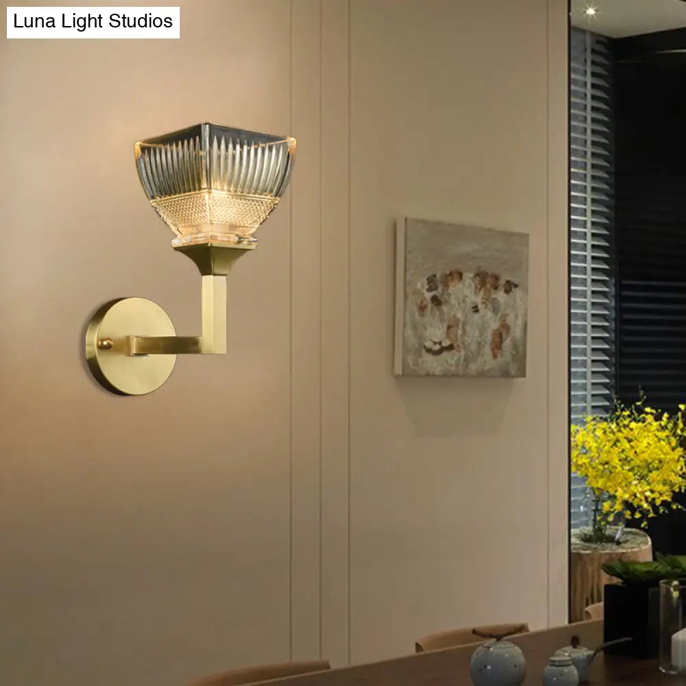 Prismatic Glass Torch Sconce Light - Modernist Wall Lamp With Gold Arm