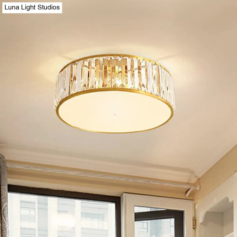 Prismatic Optic Crystal Ceiling Lamp: Simple Drum Shape Clear Flush Mount Lighting For Bedrooms