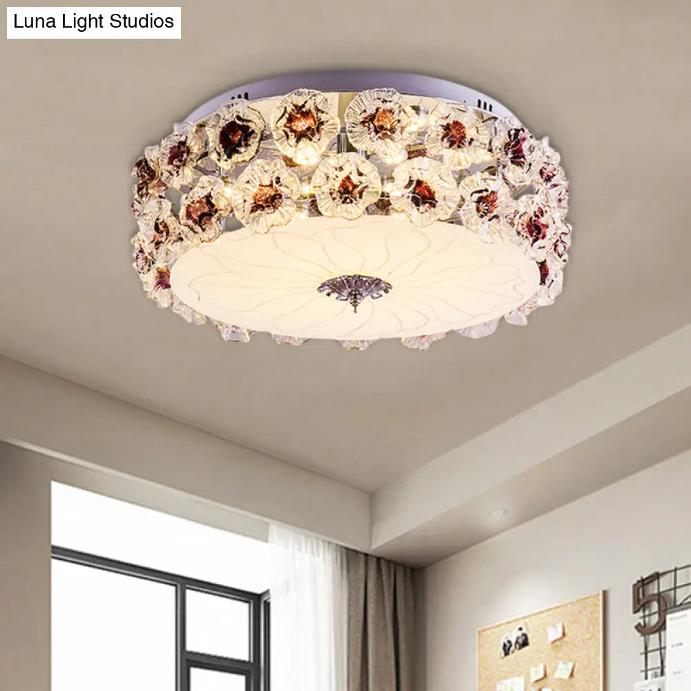 Purple/White Led Flush Light Ceiling Lamp With Crystal Flower Accents